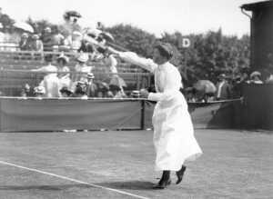 British tennis player Charlotte Sterry (nee Cooper), winner of the Wimbledon Ladies Singles title in 1895, 1896, 1898, 1901 and 1908, in action at Wimbledon. (Photo by Hulton Archive/Getty Images)