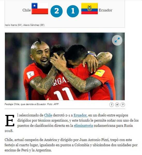 Repercusión de los medios internacionales del partido Chile vs Ecuador