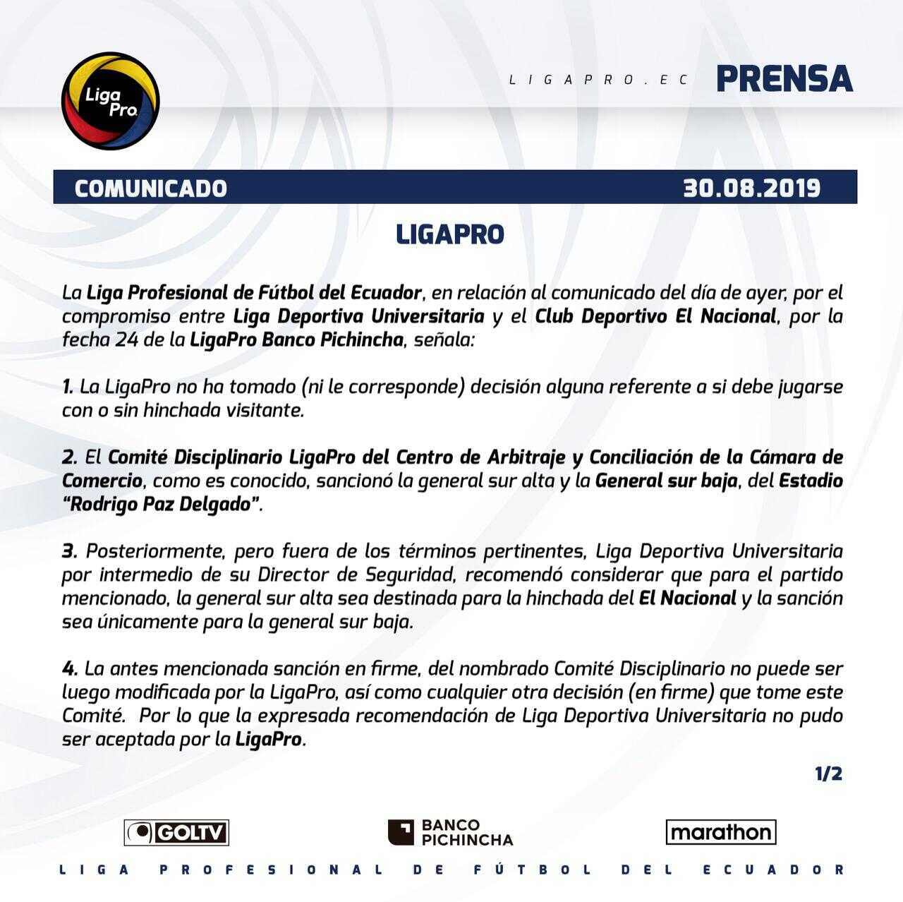 Julio Álvarez ratificó que LDU-El Nacional se jugará sin hinchada visitante