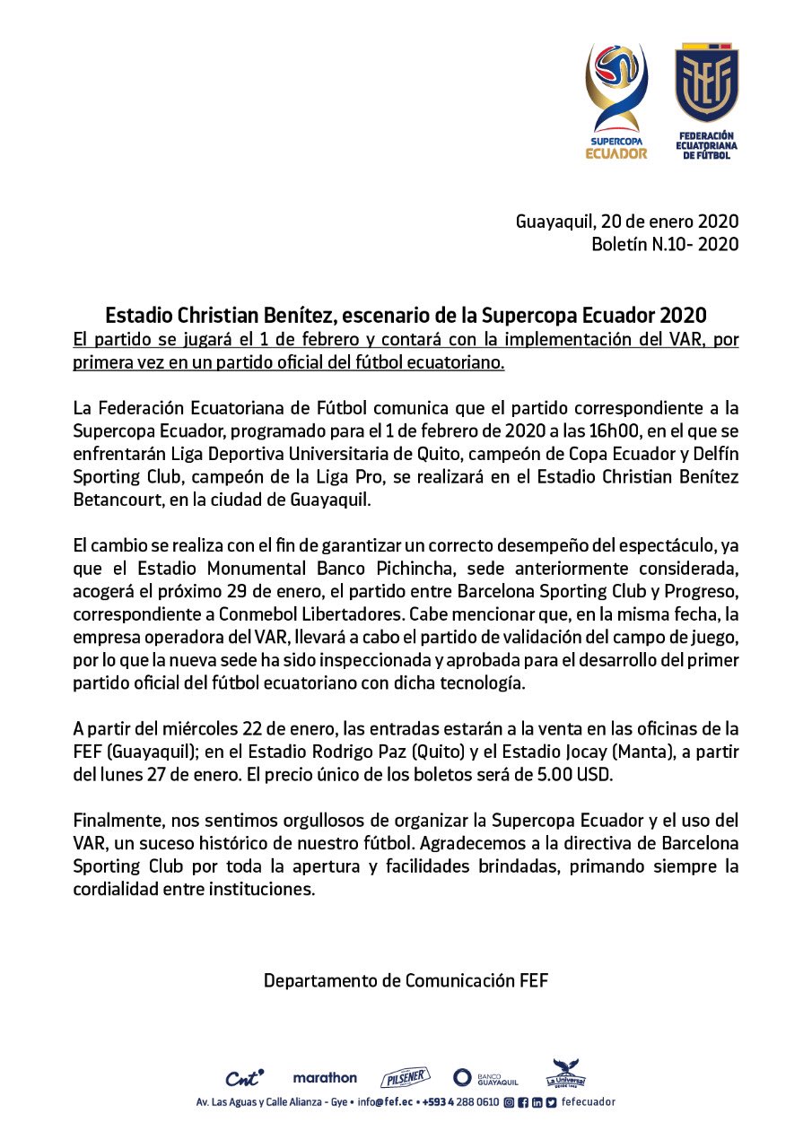 La Supercopa Ecuador cambia de sede para la gran final